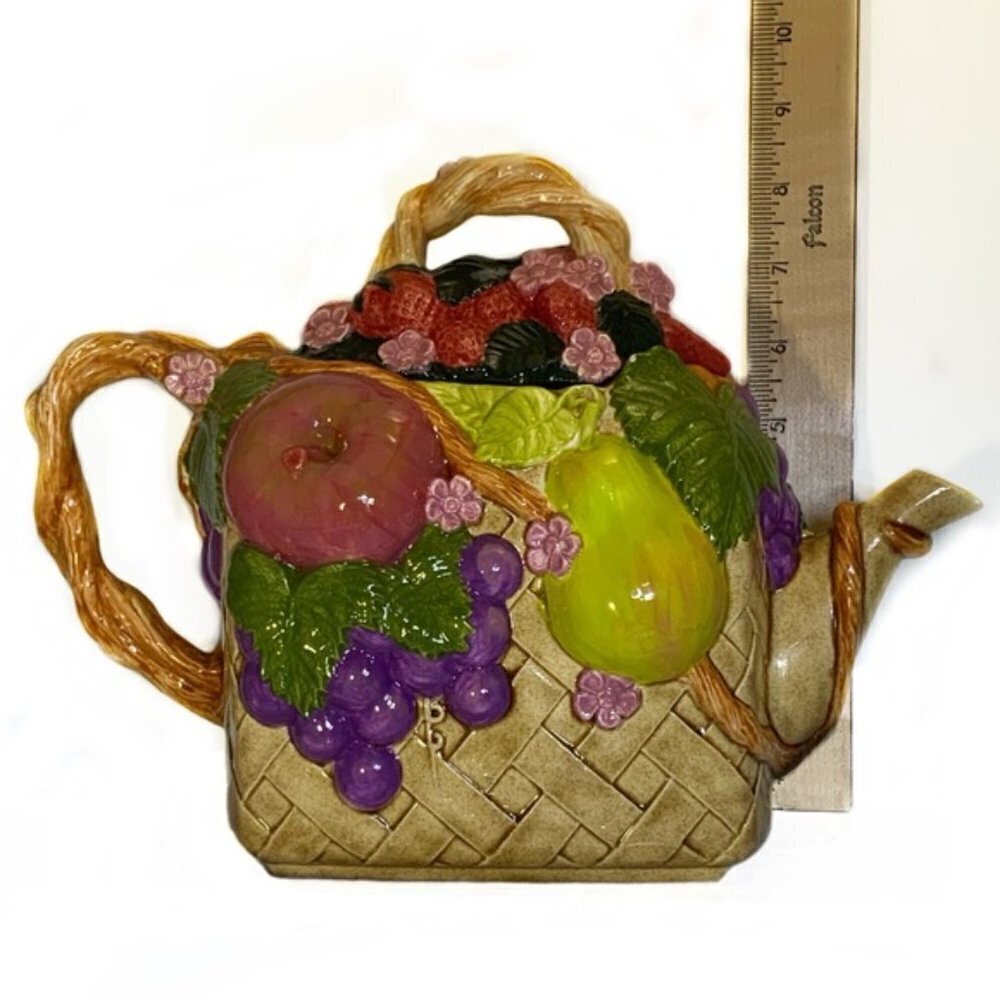 Vintage Large Hand Crafted Teapot Fruit Lattice Basket Artisanal Ceramic 1994 - Picture 7 of 15